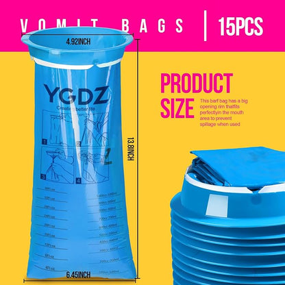 YGDZ Vomit Bags Disposable, 15 Pack 1000ml Emesis Bag Disposable– Leak Resistant, Medical Grade, Portable, Puke Throw Up Nausea Barf Bags for Travel, Motion Sickness, for Women, Kids