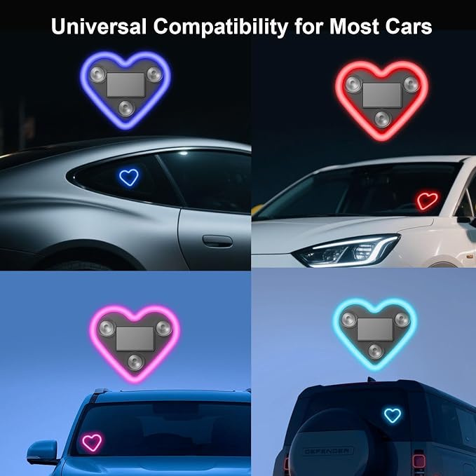Rechargeable Solar-Powered Wireless Heart LED Light for Car Interior Decorations, with 6 Lighting Modes and Vibration Sensor, Romantic Ambient Gift for Couples/Women/Men, Blue, 1 Pcs