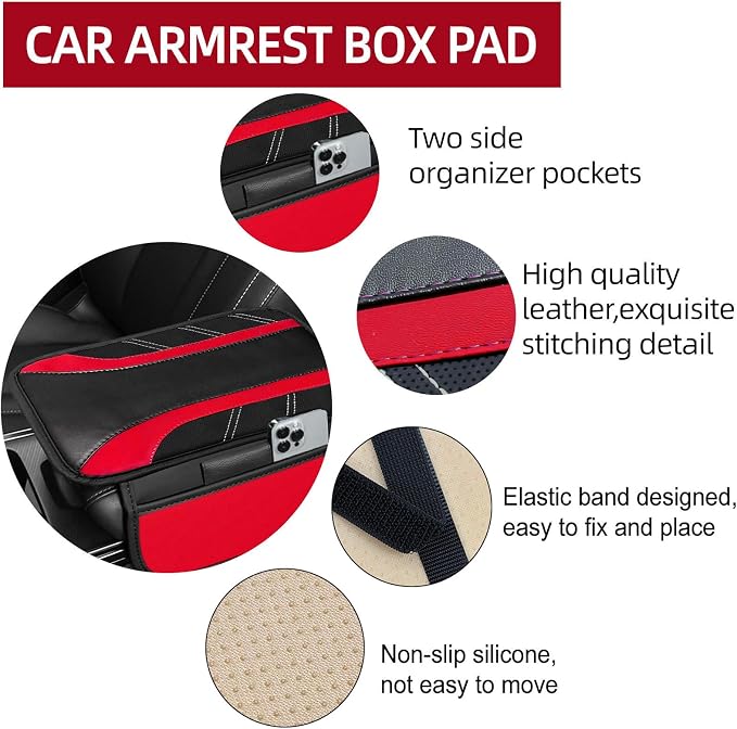 NBTEPEM 6 Pcs Red Car Accessories Set, Sport Leather Steering Wheel Cover 14.5-15inch Universal, Microfiber Leather Car Center Console Cover, Seat Belt Cushion, Cup Holder Coaster (Black-Red)
