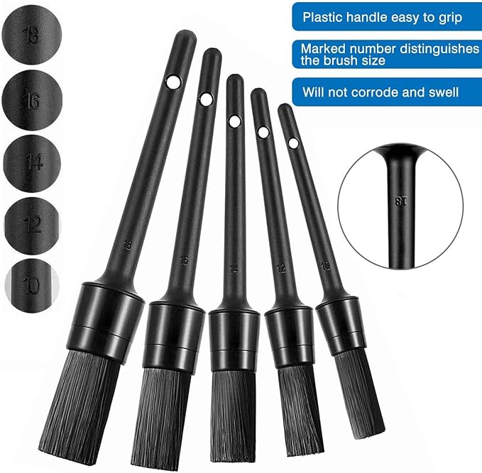 Auto Detailing Brushes - 5 Pcs | Long Bristles, No Scratches, 5 Boar Hair Car Cleaning Brush Kit with Plastic Grip for Vehicle Dashboard, Air Vents, Interior, Exterior, Engine &Wheels