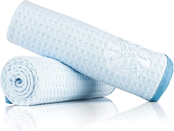 The Rag Company Dry Me A River, Professional Korean 70/30 Blend Microfiber Waffle-Weave Drying & Detailing Towels, Soft Suede Edges, 390 GSM, 20x40 Inches, Light Blue, 2-Pack