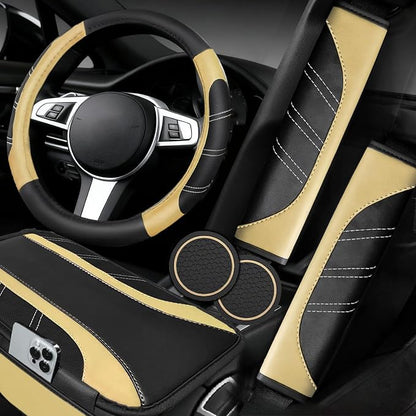 NBTEPEM 6 Pcs Beige Car Accessories Set, Sport Leather Steering Wheel Cover 14.5-15inch Universal, Microfiber Leather Car Center Console Cover, Seat Belt Cushion, Cup Holder Coaster (Black-Beige)