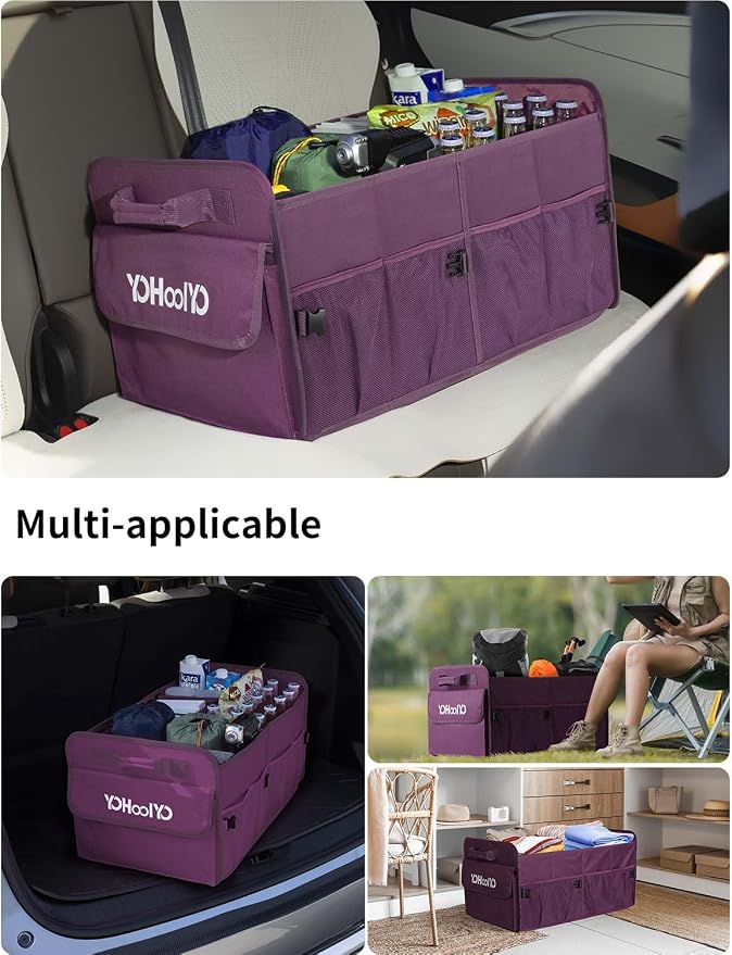 YOHOOLYO Car Trunk Organizer for SUV 72L Large Capacity Collapsible 4 Compartment Storage, Multicolor Car Accessories for Women/Men, Purple