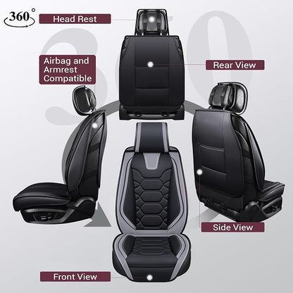 OASIS AUTO Car Seat Covers Full Set, Sporty Faux Leather with Honeycomb Pattern, Waterproof Universal Fit for SUV, Sedan, Pick-up Truck, Automotive Interior Accessories (OS-004 Black&Gray)