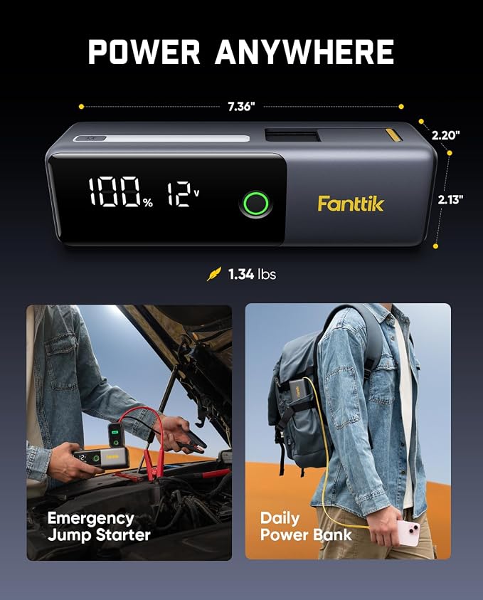 Fanttik Potent T10 1800A Portable Jump Starter, 12000mAh Power Bank, 12V Safe Lithium Jump Box with Smart SenseClamp, Retractable Charging Cable, Battery Booster for 7.0L Gas and 5.0L Diesel Engines