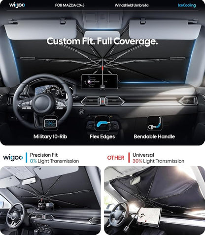 Wigoo Windshield Sun Shade Umbrella for Mazda CX-5 2017-2026 [100% Sun Blockage, Ice Cooling Fabric] Foldable Heat Insulation Front Window Sunshade Umbrella for Mazda CX-5 2017-2026