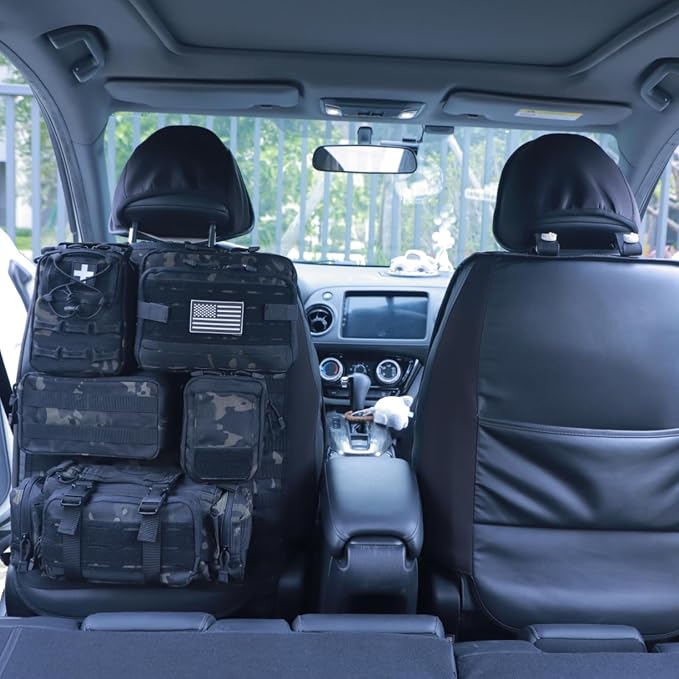 Universal Tactical Car Seat Back Organizer Bag Tactical Molle Vehicle Organizers Panel Vehicle Protector Organizers with 5 Detachable Pouches for Car Truck Ford Jeep (Upgraded C model Black camo)