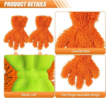 Craedli 2PCS Car Wash Mitts, Anti-Scratch Double Sided 5-Finger Microfiber Car Interior&Exterior Detailing Gloves, Soft Vehicle Chenille Dusting Mitt for Cleaning Wheel Tight Spot (Orange)