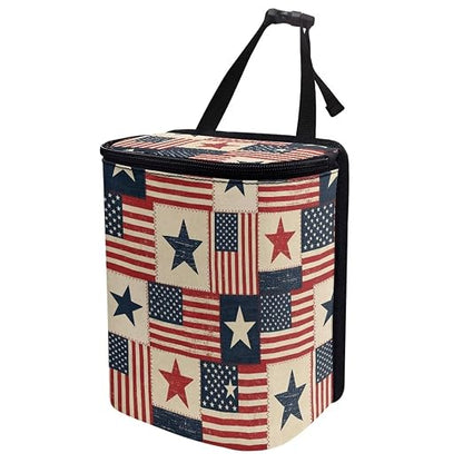 Talayituse American Flag Star Print Car Trash Can Portable Auto Garbage Bin Multifunctional Vehicle Interior Accessories with Adjustable Straps 4th of July Decor Universal Fit Truck SUV Sedan