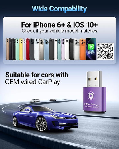 vnilrgle Wireless CarPlay Adapter for Apple iPhone（2026 Upgraded） Mini Design, Plug & Play CarPlay Dongle Converts Wired to Wireless, Auto Connect Fast and Stable with USB-C(Purple)