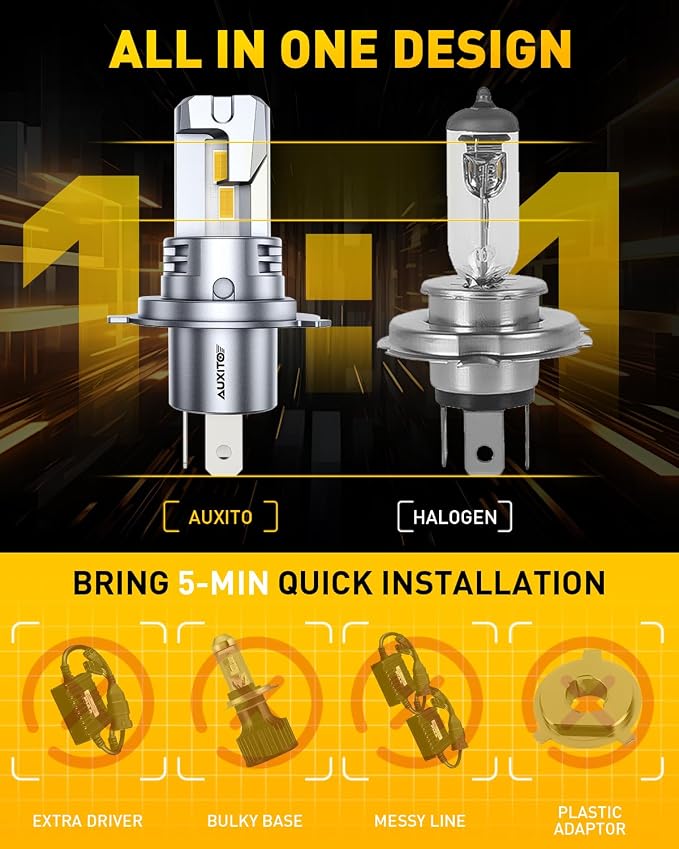 AUXITO H4 LED Bulbs Yellow Light 900% Ultra-Bright, 3000K Golden Yellow, Plug N Play, 50000Hrs Long Lifespan, No Flicker, 99% Compatibility, Pack of 2
