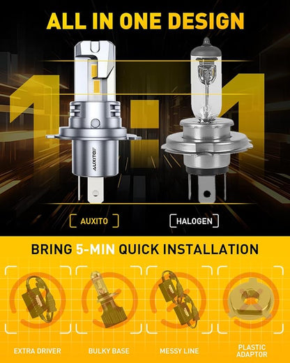 AUXITO H4 LED Bulbs Yellow Light 900% Ultra-Bright, 3000K Golden Yellow, Plug N Play, 50000Hrs Long Lifespan, No Flicker, 99% Compatibility, Pack of 2