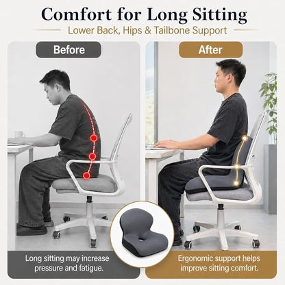Memory Foam Office Chair Cushion with Back Support, Ergonomic Seat Cushion for Office Chair and Car Seat, Pressure Relief for Long Sitting (Dark Grey)
