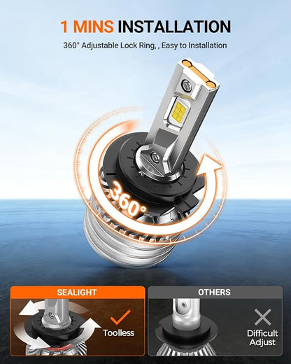 SEALIGHT H7 Bulbs, 90,000LM 1400% Brightness, H7 6500K Cool White LED Bulbs, IP68 Waterproof 70000Hrs Lifespan, 5X Heat Dissipation driving LED Bulbs, Plug and Play, 2 Pack