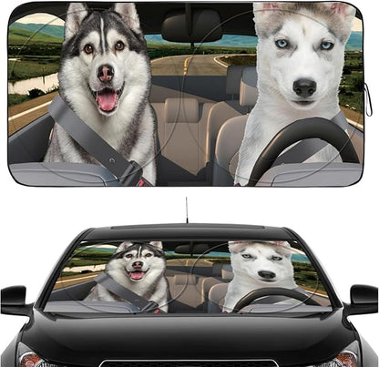Gven Windshield Sun Shade for Car Front Window Sunshades Windshield Cover Automotive Interior Sun Protector Accessories for Compact& Midsize Sedan,Com& Subcompact SUV,Small Pickup,Wagon(Dogs, S)