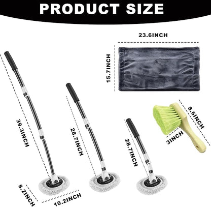 Car Wash Mop with Long Handle 15° Curved Extension Microfiber Scratch-Free Car Wash Brush with 1300GSM Thickened Drying Towel & Soft Bristle Tire Brush Complete Car Wash Kit (White & Grey)