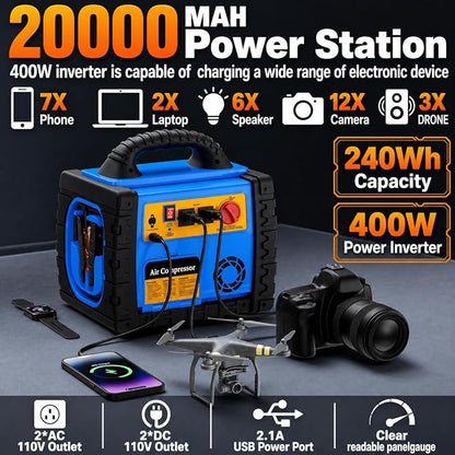 Car Jump Starter with Air Compressor, 1800A Battery Booster Pack for Up to 8.0L Gas & 6.0L Diesel, 150PSI Tire Inflator, 400W Portable Power Station with AC Outlet, 6-in-1 Jump Box for Cars, Trucks