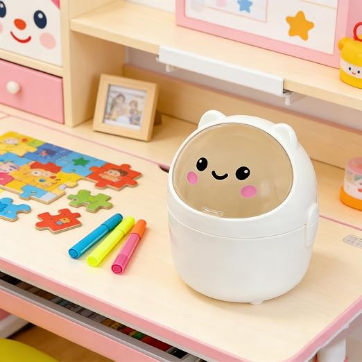 Mini Trash Can, Cute Small Trash Can with Lid, Desktop Paper Bin with 5 Rolls of Bin Liners, Portable Tabletop Dustbin, Cartoon Animal Rubbish Storage for Office Bedroom Desk Kitchen (White)