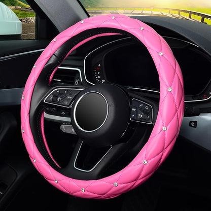 KAFEEK Diamond Leather Steering Wheel Cover with Bling Bling Crystal Rhinestones, Universal 15 inch,Dark Pink