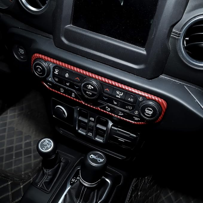 RT-TCZ Air Conditioning Dashboard Center Console Control Trim Panel Cover Interior Accessories Decoration Trim Kit for 2018-2022 Jeep Wrangler JL JLU & Jeep Gladiator JT (Red Carbon Fiber Grain)