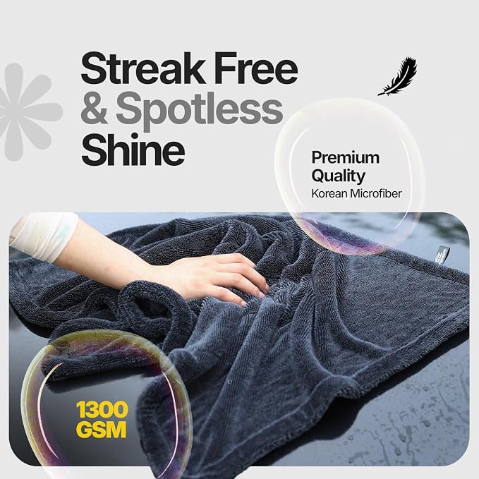Crystal Clean 1300GSM Car Drying Towel - XL (24x36) Microfiber Towels for Cars with Double Twisted Loop, Professional Detailing Towel for Car Detailers - Quick Dry, Paint Safe & Swirl-Free