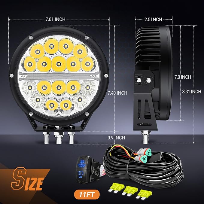 Nilight LED Offroad Driving Lights with Amber DRL 2PCS 7 Inch Round 90W IP68 Spot Flood Combo Work Light Bar with 12 AWG DT Connector Wiring Harness Kit for 4x4 Truck ATV UTV SUV