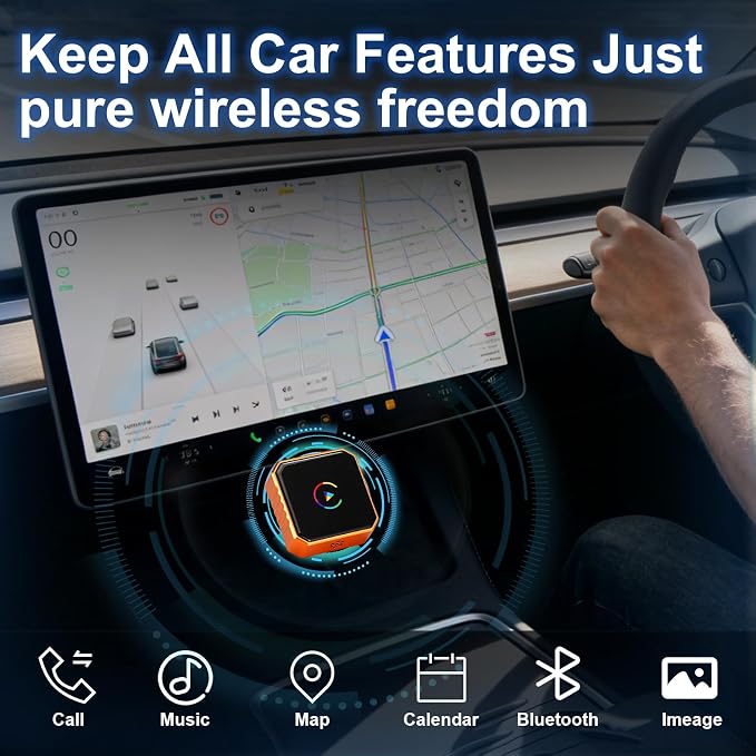 2-in-1 Wireless CarPlay & Android Auto Adapter, Converts Wired to Wireless,Plug & Play Dongle, Fast Auto-Connect No Delay, Compact Design for iPhone & Android with USB/USB-C Port(Orange)