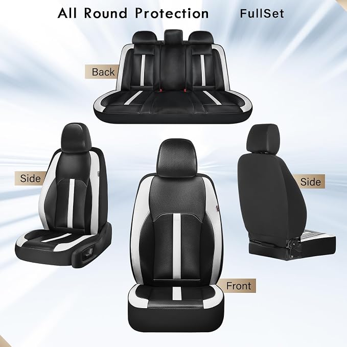 Coverado Leather Car Seat Covers Full Set & Carbon Fiber, Waterproof and Durable All Weather Protector, Universal Fit for SUV, Pickup Truck, Sedan, Automotive Vehicle Interior, Black&White