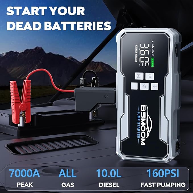 Jump Starter with Air Compressor 7000A 160PSI Portable Car Battery Jump Starter (All Gas/10L Diesel),12V Portable Booster Pack with Jumper Cables, Fast Charging, Emergency Light