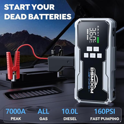 Jump Starter with Air Compressor 7000A 160PSI Portable Car Battery Jump Starter (All Gas/10L Diesel),12V Portable Booster Pack with Jumper Cables, Fast Charging, Emergency Light