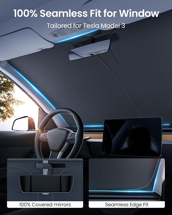 REEVAA Upgraded for Tesla Model 3 Highland 2016-2026 Windshield Sunshade [Tailored Fit, 99% Sun Protection] Foldable Sun Shade Car Accessories with Storage Bag
