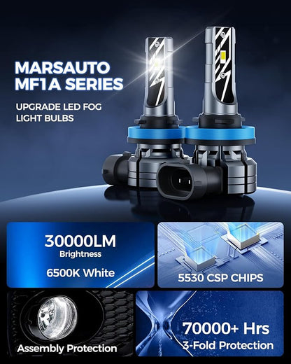 Marsauto H11/H8 LED Fog Light Bulb, 30,000LM 800% Brightness, H11 H16 H8 LED Bulb Fog Lights, 6500K Cool White Non-Polarity, For DRL Use, Tire Light Assemblies (Pack of 2)