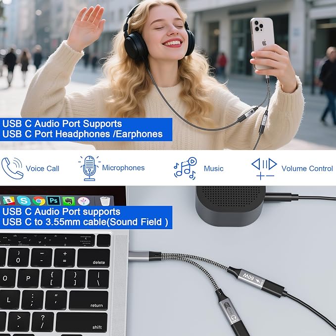 Dual USB C Headphone and Charger with PD 100W Fast Charging, USB C Splitter Audio and Charging Surpport Music, Calling, Dual Type C Dongle Adapter for iPhone 16/15 Series, iPad, MacBook, Android