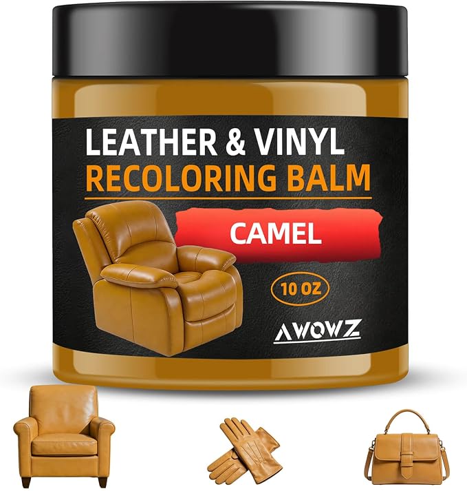 Leather Recoloring Balm - Scratch Repair & Color Restore Kit for Faded Leather, Leather Couch & Car Seats - 10OZ Leather Restorer Balm for Furniture, Auto Interior, Vinyl, Accessories (Camel)