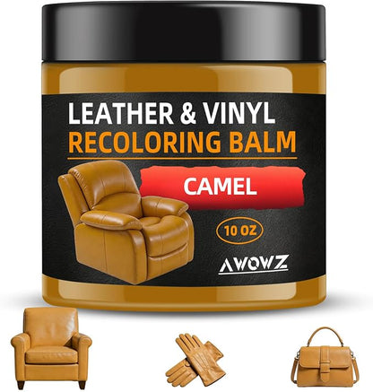 Leather Recoloring Balm - Scratch Repair & Color Restore Kit for Faded Leather, Leather Couch & Car Seats - 10OZ Leather Restorer Balm for Furniture, Auto Interior, Vinyl, Accessories (Camel)