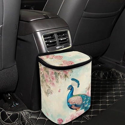 Talayituse Vintage Peacock Flower Print Car Trash Bin, Large Size Auto Trash Can Adjustable Portable Garbage Can with Lid, Vehicle Hanging Bag for Headrest Front Back Seat