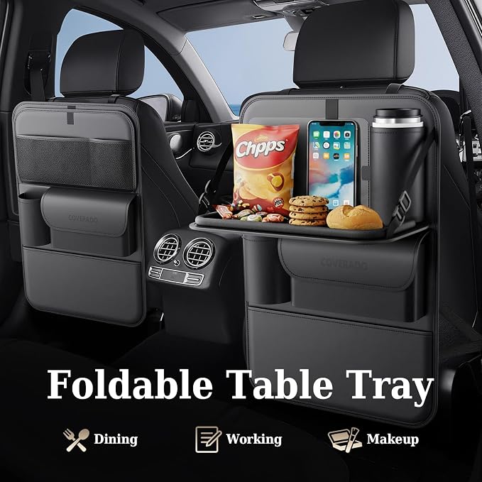 Coverado Car Backseat Organizer with Tablet Tray, Nappa Leather Organizer for Car Seat Back, Waterproof Car Seat Organizer with Touch Screen, Seat Protector Kick Mats for Kids