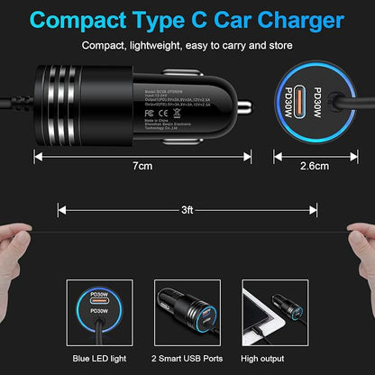 60W Super Fast Charging Android Car Charger Type C Rapid Samsung Car Charger with 3ft Built-in USB C Cable for Samsung Galaxy S26 S25 Edge S24 Ultra S23 S22 S21 A57 A17 A56 A36 A16 A35 A15 A54 A14 A53