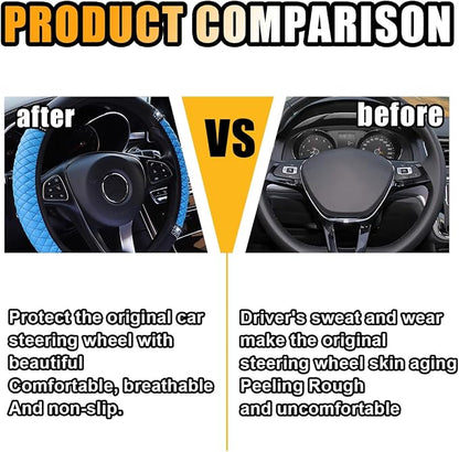 Bling Soft Leather Steering Wheel Cover, 15 Inch Colorful Rhinestones Auto Elastic Protector with Crystal Diamond for Women Girls, Car Accessories for Most Cars, SUVs (Blue)