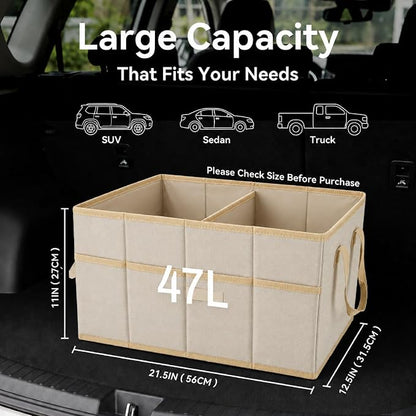 PAT SAM'S Car Trunk Organizer for SUV, Foldable Collapsible Storage Organizer with Dividers, Non-Slip Waterproof 600D Oxford, Backseat & Trunk Storage for Groceries, Tools, Toys (Beige)