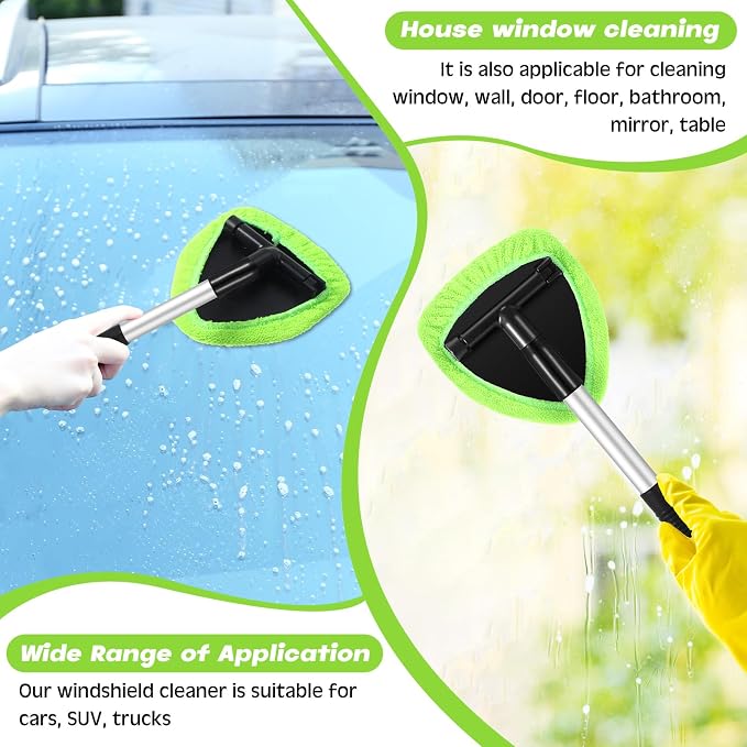 Baderke 10 Pcs Windshield Cleaner Tool Car Window Cleaning Supplies with Extendable Handle Include 6 Washable Microfiber Bonnets 2 Empty 60ml Spray Bottle Glass Wiper Kit (Green)