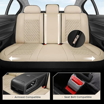 Coverado Car Seat Covers Full Set, Beige Car Seat Covers, Luxury Leather Car Seat Cover with Carbon Fiber Textured Design, Spill-Proof Seat Cushions, Automotive Seat Cover Universal Fit Most Cars