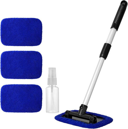 Qydipclin 11pcs Windshield Cleaner Tool, Car Window Cleaning Wash Kit with 6 Reusable Microfiber Pads 2 Spray Bottles and Extendable Handles Auto Glass Wiper Kit, Blue