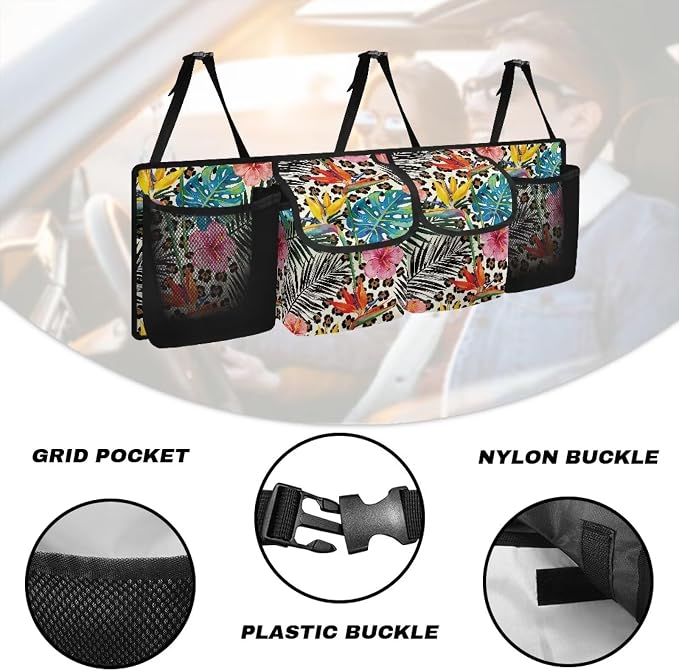 Leopard Print Hanging Car Organizer Collapsible Cargo Storage Bag with 4 Pockets Automotive Interior Cargo Organization Storage Bag Accessories for Cars,SUV,Sedan