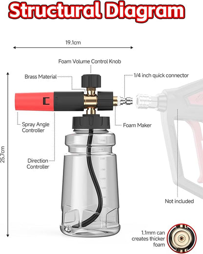 Foam Cannon for Pressure Washer with 1/4" Quick Connector, Wide Mouth Foam Cannon, Adjustable Soap Cannon for Car Wash, Additional 1.1mm Orifice Nozzle (Grey)
