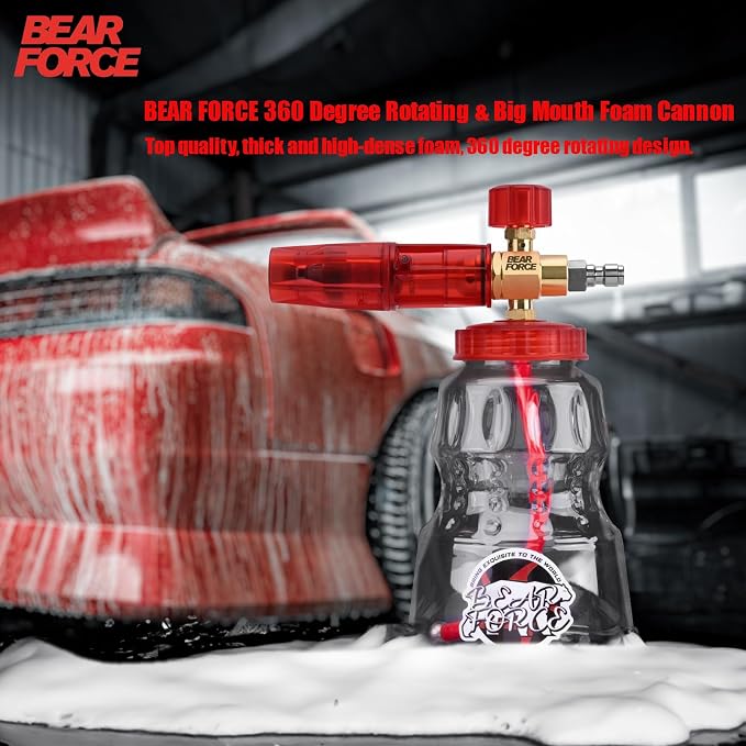 BEAR FORCE Pressure Washer Brass Foam Cannon Foam Generator Snow Foam Lance with 1/4” Quick Connector & 1.25mm & 1.10mm Orifice Nozzle, 360° Adjustable Thicker Snow Foam with 32 oz Soap Car Wash