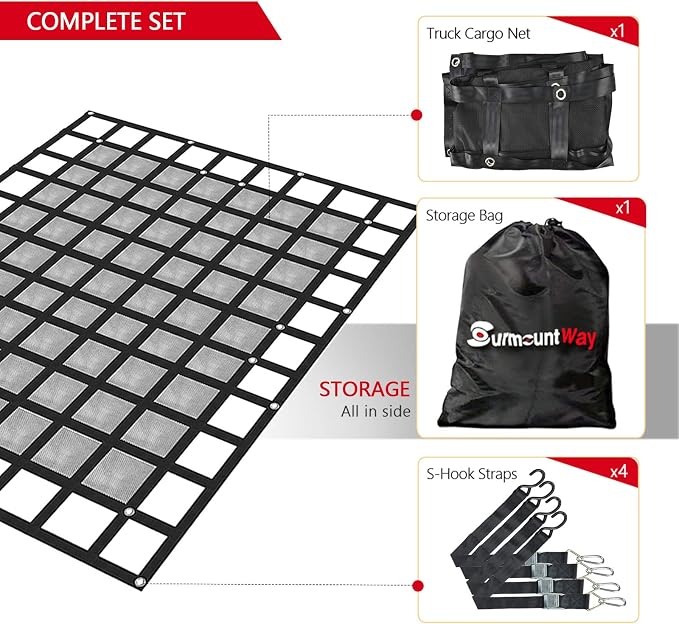 Surmountway Heavy Duty Cargo Net with Mesh (72" x 57"), 1100LBS Capacity, Adjustable Cam Buckles & S-Hooks for Trucks & Trailers