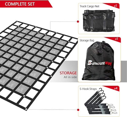 Surmountway Heavy Duty Cargo Net with Mesh (72" x 57"), 1100LBS Capacity, Adjustable Cam Buckles & S-Hooks for Trucks & Trailers