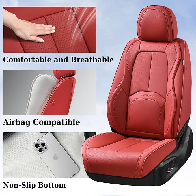 Coverado Seat Covers, Car Seat Covers Front Seats, Premium Nappa Leather Seat Covers for Cars, Waterproof Car Seat Protector with Lumbar Support, Front Seat Covers Universal Fit for Most Cars (Red)