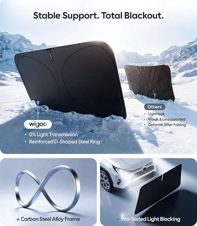 Wigoo 2026 Upgrade Universal Car Windshield Sun Shade [100% Light Block, Durable 210D Oxford] Foldable Heat Insulation Interior Sun Visor to Keep Interior Cool with Storage Bag, S3(59"x36")
